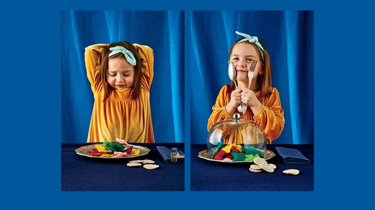 Two photos of a school-aged girl with a plate of felt food looking unsure for a guide to feeding your kids