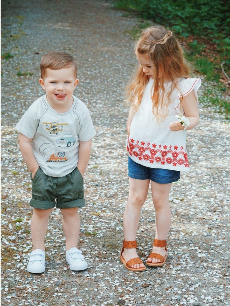 Author's two kids wearing Marshalls outside