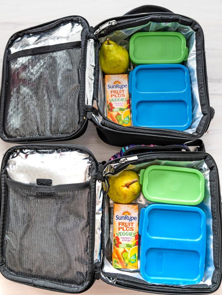 Two packed lunch boxes with containers, fruit, and SunRype Fruit Plus Veggies juice boxes