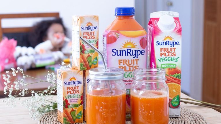 SunRype Fruit Plus Veggies juices in box, carton, and plastic jars with metal straws