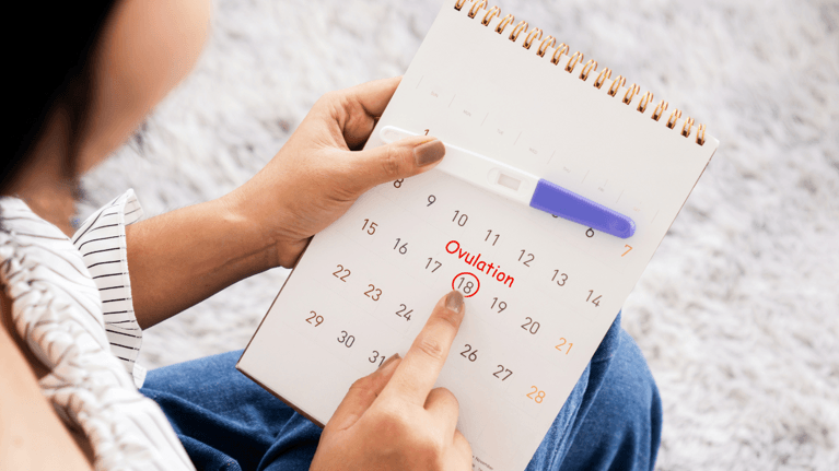 woman pointing to a calendar tracking her menstrual cycle